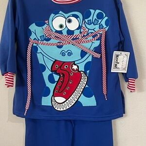 Zoodles Blue 2pc with red high top sneakers and real shoelaces.